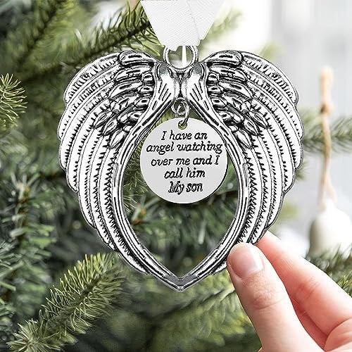 LYPER Christmas Memorial Hanging Ornaments Angel Wings, Memory Gifts Pendant I Have a Angel Watching Over Me I Call Him Son Xmas Tree Hanging Sympathy Gift for Loss of Loved One in Heaven