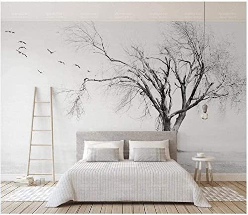 QEETapete Papier Peint Panoramique Oiseau Arbre Noir Et Blanc Papier Peint Nature Intissé Murale Chambre Salon 350x250cm-SJJ01286