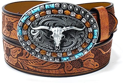 Utaly Western-Cowboy-Gürtel, PU-Leder, für Damen und Herren, türkis, geprägt, mit langen Hornschnallen, Größe S/M/L, Braun, S for 25-30 waist