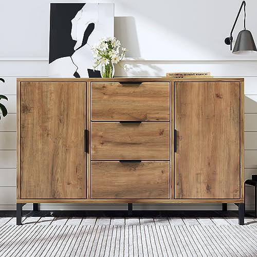 Merax Sideboard Cabinet: Versatile 2-Door, 3-Drawer Chest with Adjustable Shelf Large Wicker Fronted Storage Unit for Lounge & Hallway - 40D x 120W x 76H cm Dark Oak Color