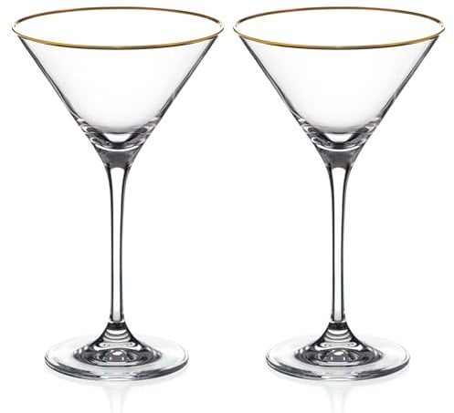 DIAMANTE Crystal Martini Cocktail Glasses with Hand Painted Real Gold Rim - Set of 2 in Gift Box
