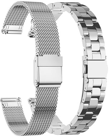 EANWireless Compatible for Garmin Lily 2 Watch Band, 14mm Metal Classic Stainless Steel + Metal Mesh Women Replacement Strap Compatible for Garmin Lily2 Bands, Silver+Silver