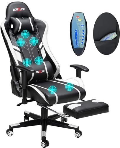 Douxlife Gaming Stuhl mit 7 Punkt Massage, Rückenlehne bis 175°, Ergonomischer Bürostuhl Verstellbare Armlehnen, Racing Gaming Sessel Verstellbare Sitzhöhe, 150kg Belastbarkeit, Weiß