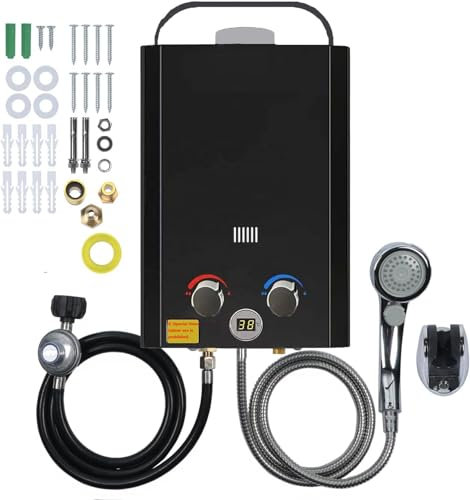 Gasbosch Tankless Water Heater Propane, 1.58GPM 5L Portable Instant Hot Water Heater, Outdoor Use for RV, Camper Van, Camping Trailer, Cabin, Barn, Pool, Black