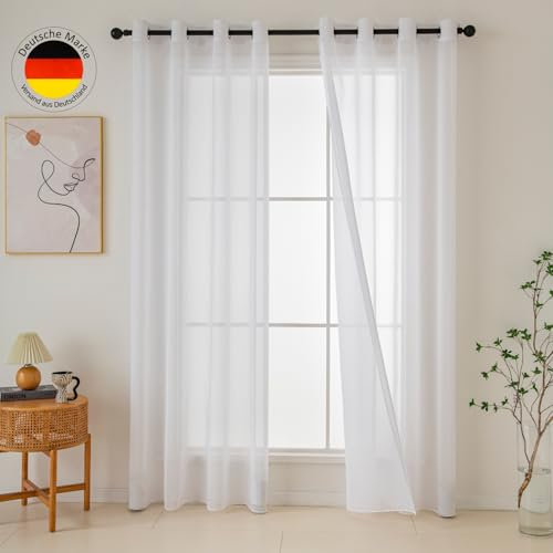 Emilie-Textil 2er Set Vorhänge mit Ösen, Oeko-TEX Zertifiziert, Transparente Gardinen aus Voile Polyester Ösenschal Transparent Wohnzimmer Luftig Dekoschal in leinen Optik Top Weiß