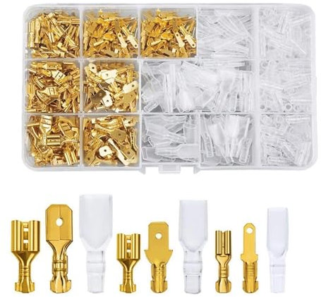 450 Stück Flachsteckhülsen Set - 2,8 mm 4,8 mm 6,3 mm Kabelschuhe Flachstecker Mit Crimpzange Für Kfz Motorrad Auto (Gold)
