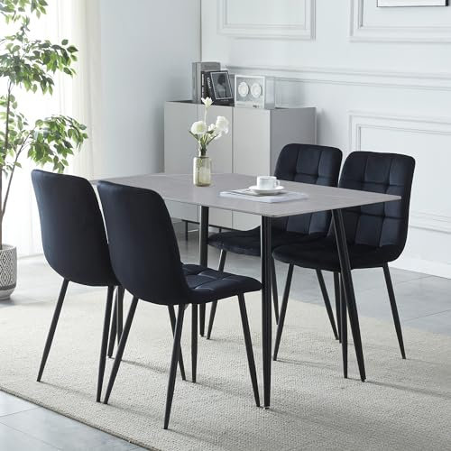 HomJoy Dining Table and Chairs set 4 Rectangular Marble Slate Dining Table with Velvet Upholstered Chairs Set of 4 for Kitchen/Apartment/Dining Room(Black, Grey Table and Set 4)