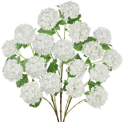Hollyone Schneeball Blume Künstlich Kunstblumen Weiß 3PCS Künstliche Hortensien mit 18 Blumenköpfe Fake Seidenblumen Langen Stiel Dekoblumen für Vase Bouquet Hochzeit Büro Wohnzimmer Tischdeko