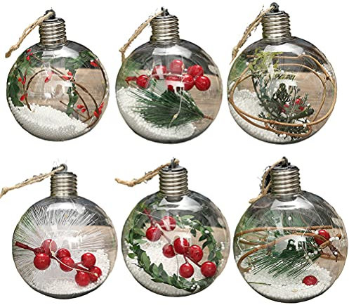 Itonash 6 Stück LED-Weihnachtskugeln, Leuchtende Runde Christbaumkugeln, Hängende Weihnachtsbaumdekorationen, Transparente Kugel mit Kunstschnee-Dekoration (Zhong [Reisweiß])