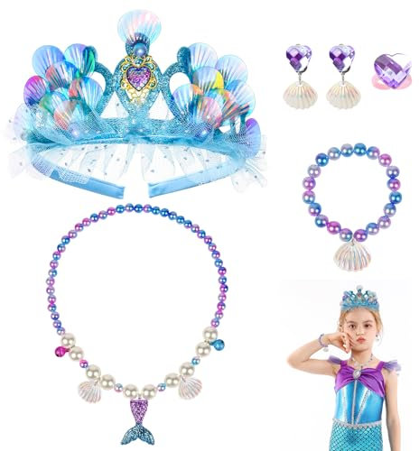 Kinwers Meerjungfrau Haarreif,5 Set Blau Meerjungfrau Kostüm Kinder,Inklusive Krone Mädchen Ohrclips Halskette Armband Ringe,3/4 Jahre