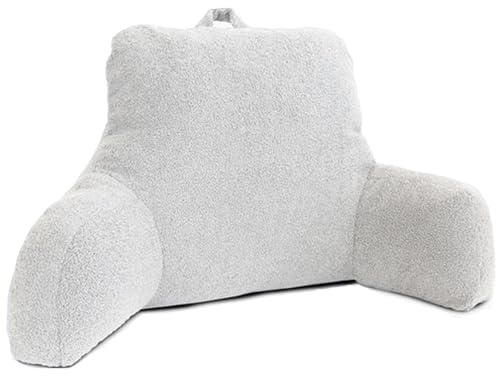 Reading Support Cushion – 50cm x 75cm Teddy Fleece Backrest Pillow, 30cm Deep Pocket, Hollowfibre Filling, Arm & Postural Support for Bed or Armchair, Portable Handle, Dove Grey, Made in Britain