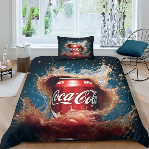 LIAOHENKAN Coca - Cola Bettwäschegarnitur 3D Gedruckter Bettbezug Set Für Kinder Mädchen Jungen Reissverschluss Weich Microfaser Bettwäsche Und Kissenbezüge 2 Teilig Single(135x200cm)