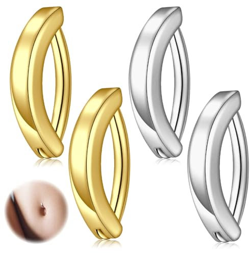 IKOPFLN 4 Stück 14G Clicker Piercing Bauchnabel für Frauen,14K Gold Bauchnabelpiercing 316L Edelstahl Silber Reverse Curved Nabel Barbell Schmuck Körperschmuck