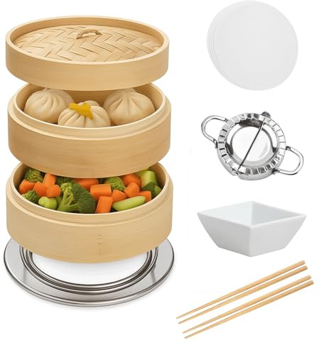 10-Inch 2-Tier Bamboo Steamer Basket – Dumpling Steamer with Ring Adapter, Sauce Dish, Dumpling Mod, 4 Chopsticks & Silicone Liners – Chinese Dumpling Basket for Bao Buns, Dim Sum & Vegetables