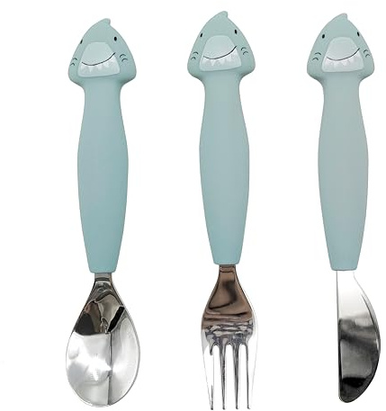 TRIXIE 3er Besteckset, Kindergabel, Löffel, Messer, Kinder (Mr. Shark) | Rutschfestes Esslernbesteck für erste Beikost, ergonomisches Kleinkind Brei Besteck für kleine Jungs Mädels ab 1 Jahr