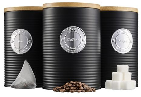 Cooks Professional 3 Piece Ribbed Tea, Coffee, & Sugar Cannisters with Air-Tight Bamboo Lids | Stainless Steel Kitchen Storage Bin Set | Modern & Stylish | Black & Silver