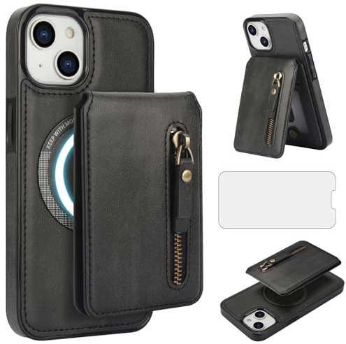 Compatible with Magsafe for iPhone 13/14 6.1 inch Wallet Case and Screen Protector PU Leather Slim Zipper Detachable Stand Credit Card Holder Slot Cover iPhone13 iPhone14 5G i-Phone i13 i14 Black