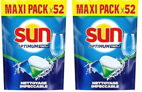 SUN - Optimum Pastilles Lave-Vaisselle Tout en 1-52 capsules - nettoyage impeccable - brillance éclatante - tablettes efficaces même en cycle court (Lot de 2)