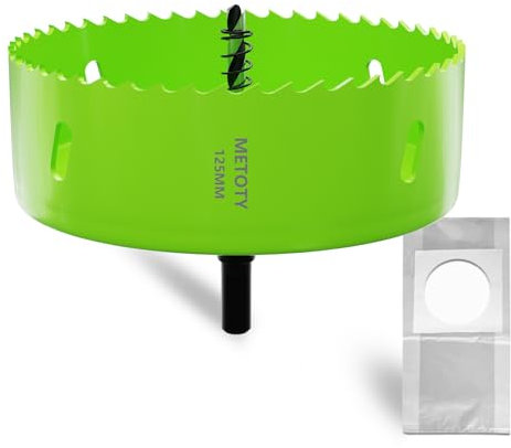 METOTY Scie cloche bi-métal 125 mm, universelle, HSS M42, avec adaptateur de tige triangulaire et foret de centrage, un sac à poussière pour aluminium, métaux, plastiques, verre acrylique, bois