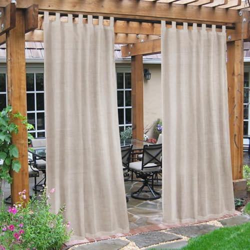 QIAQ Outdoor Gardinen 131.9 * 241CM-2 Stücke Wetterfest Halbtransparent Outdoor Vorhang Wasserdicht Terrasse Vorhänge Mit Klettverschluss Leinenoptik Outdoorvorhänge Leinen
