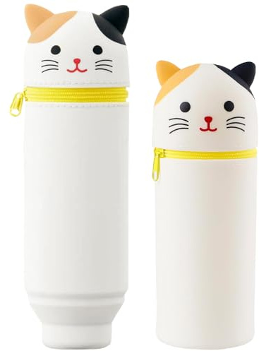 ZYEKIU Trousse Ecole 2 en 1 en Silicone Souple Kawaii Chat Pochette de Stylo, Trousse Silicone Verticale Crayons en Souple Rétractable Sac Rangement Papeterie Fournitures (Chat)