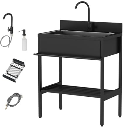 Mueble Fregadero Exterior Jardin,Fregadero de Cocina de Acero Inoxidable,Fregaderos Camping Portátil 1 Seno con Filtro de Drenaje,Lavadero pila Exterior,para Restaurante Comercial Bar Garaje(66x51x94c