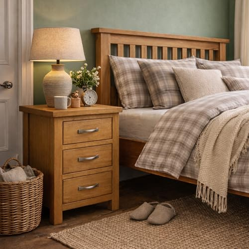 Home Furniture Group Ltd Oakcroft 3 Drawer Bedside Table – Rustic Solid Wood Nightstand with Metal Wave Handles – Fully Assembled Bedroom Cabinet