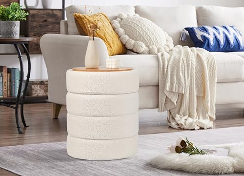 Zedelmaier Runder Teddy Hocker mit Stauraum Sitzhocker 47cm Sitzhöhe | Bouclé Schminkhocker| Schminktisch Hocker| Weiß Fußhocker| Pouf Stool Aufbewahrungshocker für Wohnzimmer, Schlafzimmer