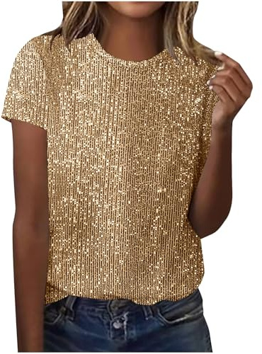 Sequin Top for Women UK Sparkly Glitter Blouse Shiny Party Night Club Tunic Tops Elegant Short Sleeve Crew Neck Dressy Tee Ladies Baggy Loose T Shirt Shimmer Wedding Going Out Prom Cocktail Christmas