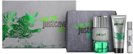 Just Cavalli Give Me Magic Set Regalo Uomo, Eau de Toilette 90 ml, Gel Doccia 100 ml, Travel Spray 15 ml, con Borsello, Fragranza Legnosa Speziata