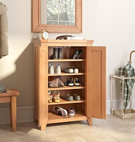Hallowood Furniture Cotswold Oak Shoe Storage Cupboard with 2 Doors, Solid Tall Wooden Shoe Cabinet Rack, Fits 15 Pairs Footwear, Medium Oak Display Cabinet for Hallway, Kitchen or Living Room