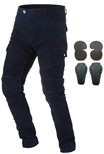 Men Motorcycle Riding Protective Pants Denim Jeans with Armor 4 X Knee Hip Pads (Black, XL=34)