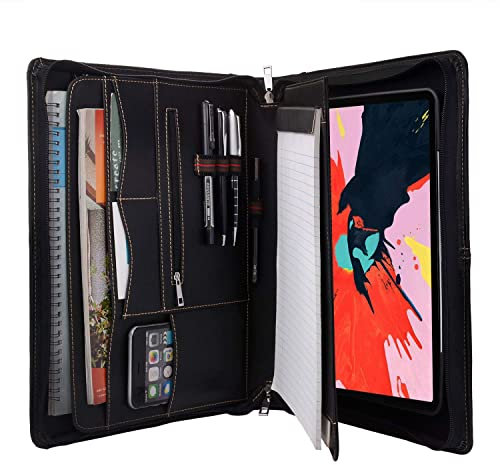 iCarryAlls Zipper Leather Portfolio with Removable Tablet Holder, Padfolio Tablet Case with Stand Compatible for iPad Pro 12.9 2020 & 2018, 13.8x13.8x11.0 in. (1901Q-IP129-2018-BK)