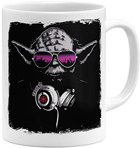 OM3® Musik Deejay DJ Yoda Tasse | Keramik Becher | 11oz 325ml | Beidseitig Bedruckt | Weiss