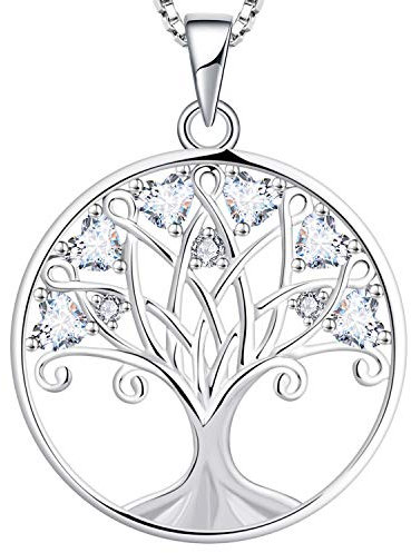 YL Collar Árbol de la Vida para Mujer Plata de Ley 925 Colgante de Árbol Genealógico de Circonita Blanco con Piedra Natal de Abril, 45 + 3 CM