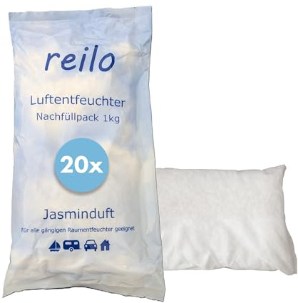 reilo Jasminduft 20x 1kg Luftentfeuchter Granulat, Nachfüllpack | Calciumchlorid-Granulat im Vliesbeutel gegen Feuchtigkeit & Schimmel, mit frischem Jasminduft – für Wohnraum & Keller