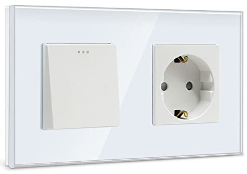BSEED Lichtschalter mit Steckdose 1 Fach 1 Weg,10A Kristall Glas Platte Wandschalter mit 16A Schuko Steckdose Weiß, Physische Taste Schalter mit Steckdose- 157mm