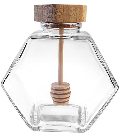 QUUPY 1PCS Honey Jar Clear Empty Refillable Glass Honey Dispenser Hexagon Honey Pot Container with Wooden Dipper and Cork Lid for Home Kitchen Restaurant