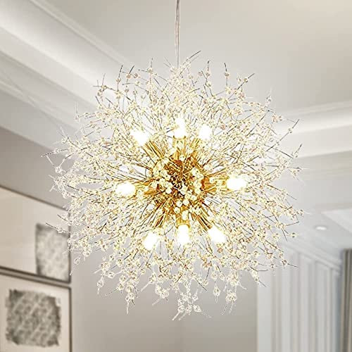 Kronleuchter 9-flammig, Löwenzahn-Feuerwerk-Kronleuchter Moderne Kristall-Anhängerbeleuchtung LED-Kristalldeckenleuchten Hängende Leuchten (2 Kristallstäbe + 9 G9-Lampenperlen für Geschenk