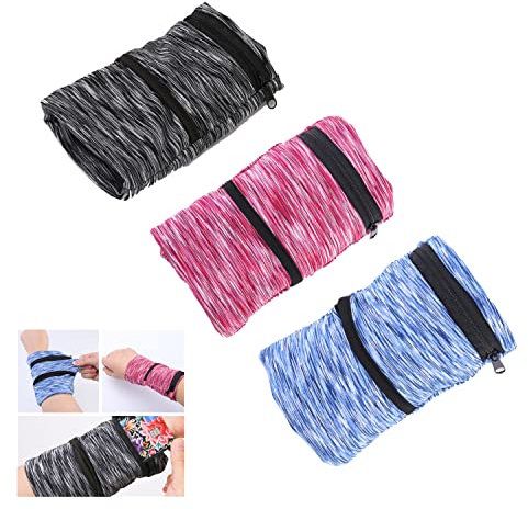 Handgelenktasche, Geldbörse mit Reißverschluss zum Laufen, Walken, Wandern, Radfahren, Yoga und mehr (3er-Pack) (Schwarz + Blau + Rot, L)