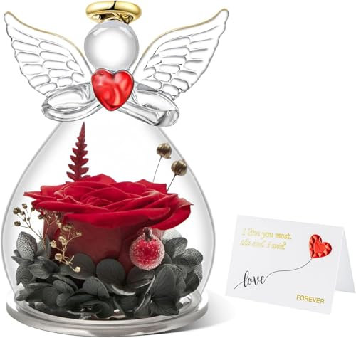 Miofula Rosa Stabilizzata Vera Regalo Donna Compleanno, Rosa Eterna con Figurina Angelo Regalo per Mamma, Idee Regalo di Anniversario San Valentino Festa della Mamma Natale per Mamma Nonna Fidanzata