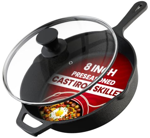 Utopia Kitchen 8 Inch Sauté Fry Pan Pre-Seasoned Cast Iron Skillet With Lid, Non-Stick, Electric, Gas & Induction Stovetop Compatible - Black