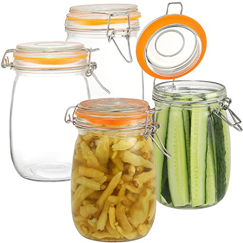 DANALLAN Wide Mouth Mason Jars, 4Pcs 32 oz Glass Jars with Airtight Lid Large Mason Canning Jars Clear Storage Canister Jars with Measurement Marks for Canning Flour Jam Jelly Coffee Sugar Beans
