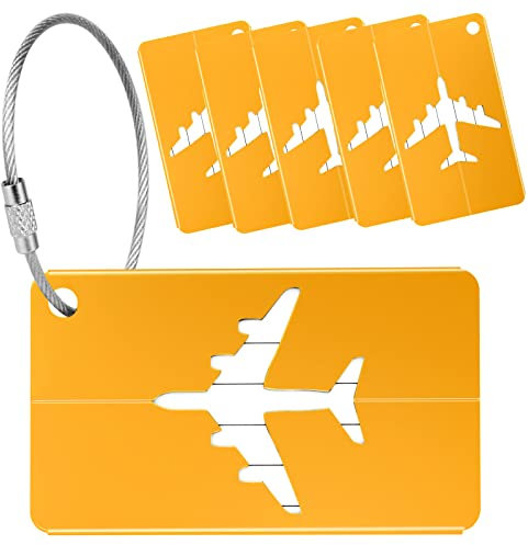 Yizhet 6 x Kofferanhänger mit Adressschild, Aluminium Gepäckanhänger Koffer Schild mit Edelstahlkabel und Wasserdichte PVC Namensschild, Luggage Tags für Gepäck Koffer Tasche Handtasche (Gold)