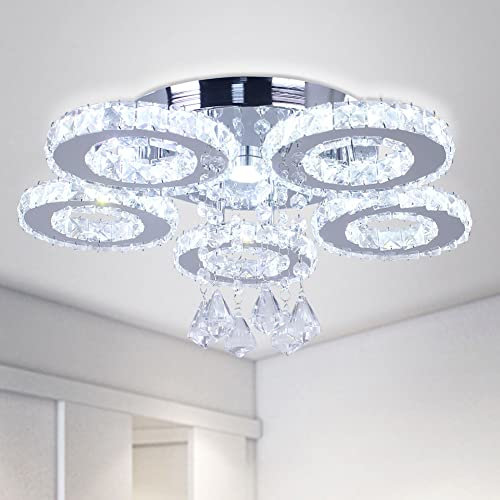 FRIXCHUR Kristall Kronleuchter LED Deckenleuchte 5-Ringe Moderne Kronleuchter Leuchte für Wohnzimmer Schlafzimmer Küche (Kühl Weiß)