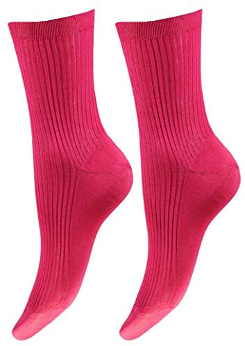 CALZE PRESTIGE (2 PAIA) Calzini donna a coste in pregiatissimo cotone 100% filo scozia - 100% Made in (Brescia) Italy (Fuxia)