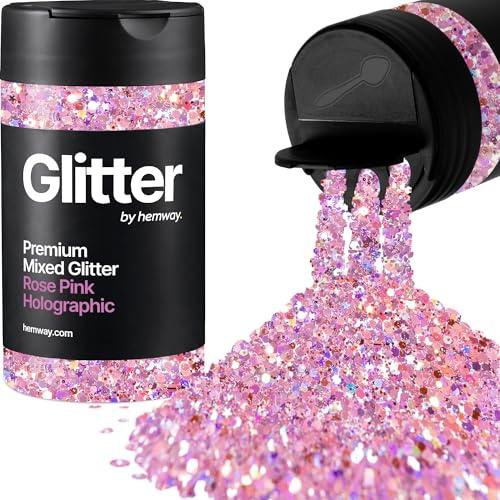 Hemway Rose Pink Holographic Mix Glitter Shaker, 105g Mixed Size Glitter | for Resin & Epoxy Crafts for Decorating, Halloween, Christmas, Nail, Face, Art