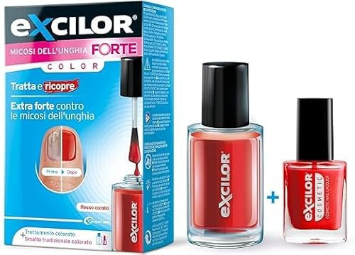 Excilor Micosi dell’Unghia Forte Color, Smalto Rosso per Trattamento della Micosi dell'Unghia Attivo Contro le micosi Persistenti, Confezione con Trattamento Colorato 30 ml e Smalto Cosmetico 8 ml