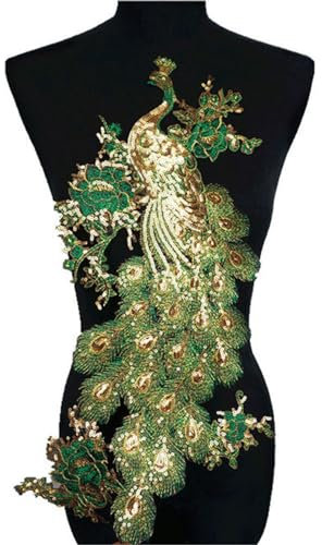 HIQIU Pailletten Feder Pfau aufnäher Stickerei Applikation Näheisen Auf Aufnäher Schimmernde Tüllaufnäher DIY zum aufnähen kleid Dekor (Grün)