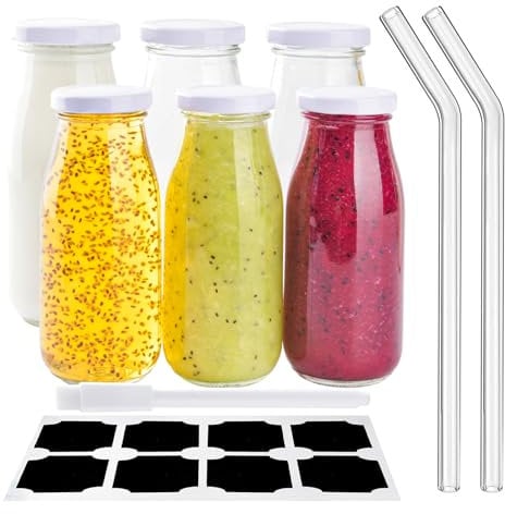 6 x Glasflaschen 250ml Milchflaschen mit Deckel, Leere Kleine Glasflaschen für Saft Smoothie, Likörflaschen Flaschen zum Befüllen Mini Gläser mit Glas Strohhalme für Getränke, Hochzeiten Dekoration